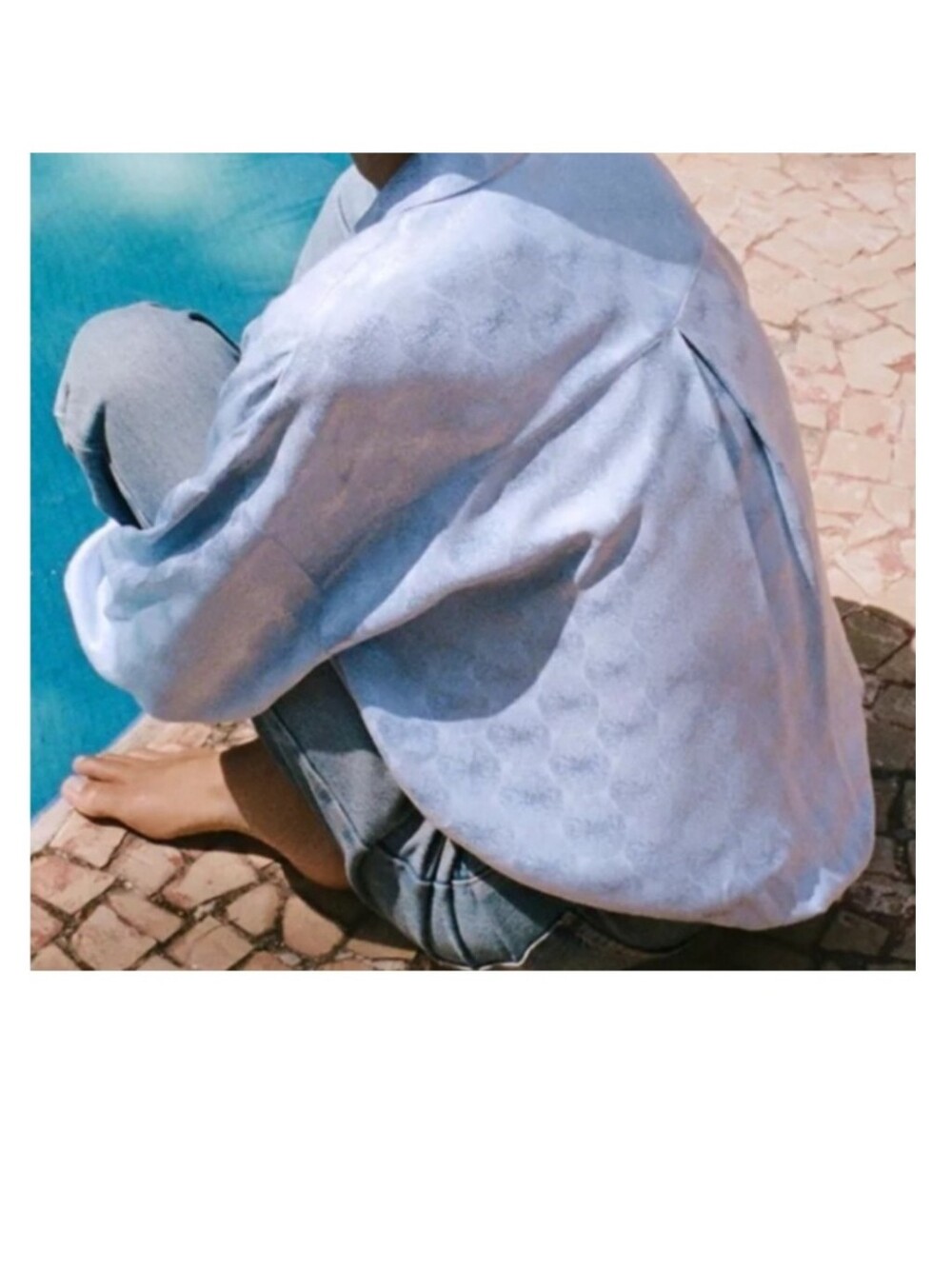 ZARA Jacquard Light Blue Floral Print Satin Button-Up Shirt